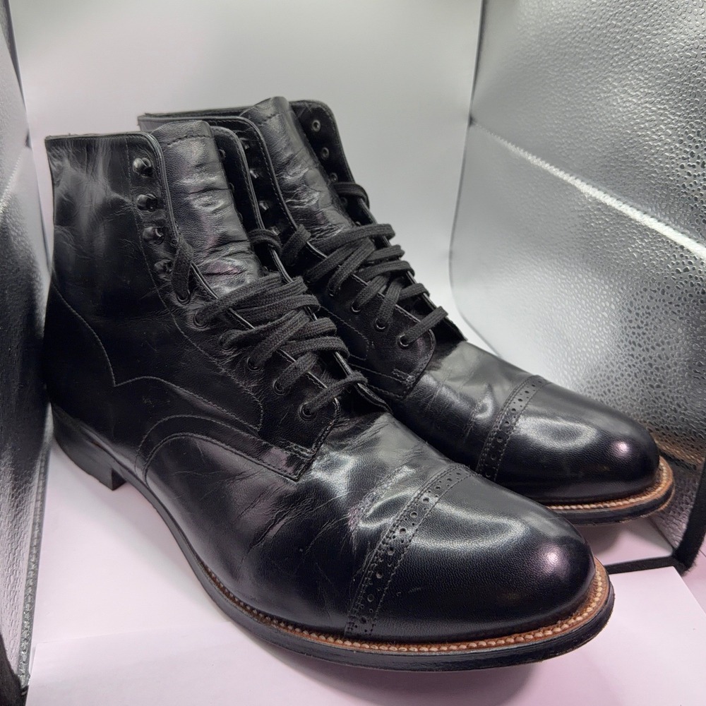 Vintage Stacy Adams Madison Black Leather Cap Toe Dress Boots Mens 12 E 00015-01